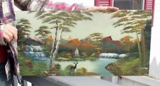 JAPANESE VINTAGE / ANTIQUE OIL ON GLASS PANEL PAINTING MOUNTAINS WATERFALL DEER