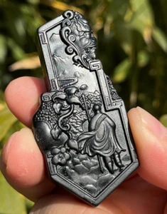 Certified 48.6g 100% natural Xin jiang Black Jade Hand carved Demons and Buddhas - Picture 1 of 23