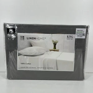 Linen Home 100% Cotton Percale Weave King Size Sheet Set 4 Piece Set Gray New - Picture 1 of 6