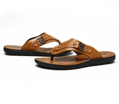 Men's PU Leather Sandals Flats Flip Flops Slip On Casual Beach Summer Slippers  - Image 1 of 4