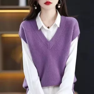 Stylish V-Neck Knitted Vest Sweater Women's Clothing Loose Casual Pullover Tops - Picture 1 of 10