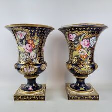Antique 19thC Large Pair Derby Cobalt Vases Painted With Flowers 32cm High A/F