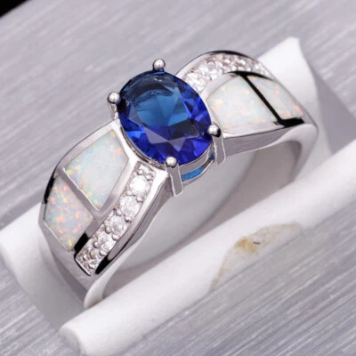 Anillo de joyería 6x8 azul simulado zafiro blanco ópalo de fuego relleno de plata 7 8 9 10 Foto 1 de 4