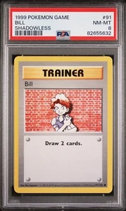 PSA 8 Shadowless Bill 91/102 - Trainer Base Set Graded Pokémon 1999 NEAR MINT - Picture 1 of 2