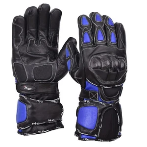 Blue/Black Motorcycle Leather Cowhide Bikers Gloves Motorbike Winter - Picture 1 of 3