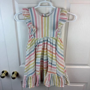 Girls Cheeky Plum Ruffle Sleeveless Striped Dress Linen Blend Size 6Y Rainbow - Picture 1 of 4