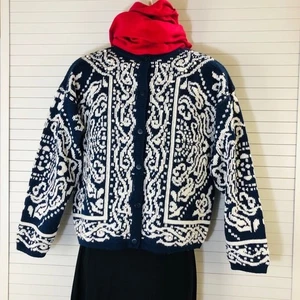 Cárdigan Suéter Kitty Hawk por Vivian Wang Perla Cuentas Azul Marino Blanco Tejido M - Imagen 1 de 4