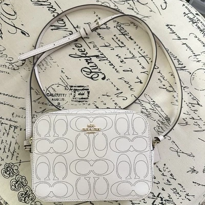 $278 COACH Mini Camera Bag Signature Crossbody Perforated Leather Chalk 2403 - Image 1 of 4