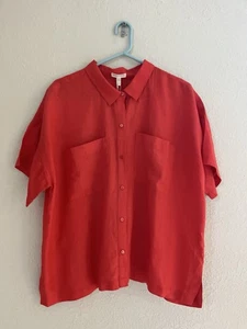Nuova Eileen Fisher Fazzoletto Biologico Lino Classico Collo Rosso SL Camicia Grande - Foto 1 di 10
