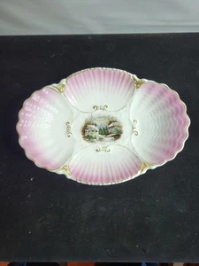 Ciotola porcellana vintage SCHALLER Germania 13" conchiglia rosa dipinta a mano scena invernale - Foto 1 di 4
