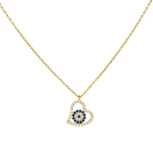 14k Gold Fancy Evil Eye Heart Yellow Gold Necklace w/ Cubic Zirconia - Picture 1 of 2