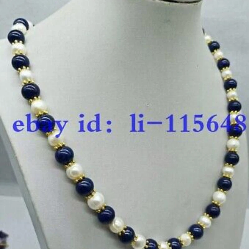 Collar de perlas blancas de agua dulce redondo de lapislázuli azul de 10 mm y 8-9 mm regalo de 18 pulgadas Foto 1 de 1