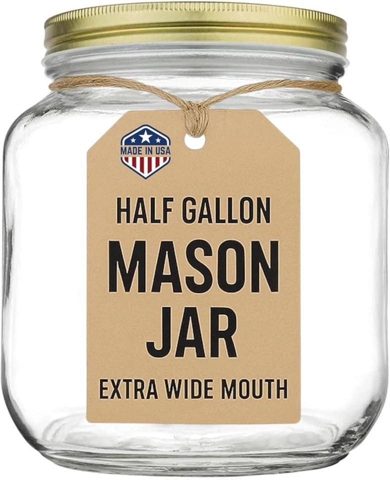 Полгаллона стеклянная банка для каменной кладки с широким горлышком и герметичной металлической крышкой - сделано в США - Изображение 1 из 1