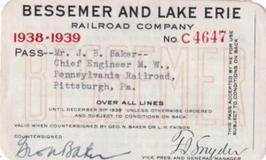 1938-39 Bessemer & Lake Erie Railroad employee pass - Pennsylvania Railroad - Picture 1 of 1