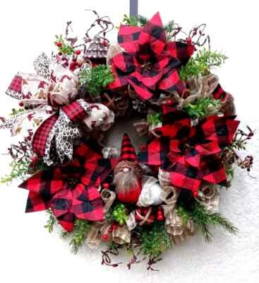 Christmas Gnome Wreath Red Buffalo Check Farmhouse Wreath For Front Door - Image 1 of 4