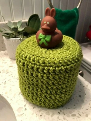 Handmade Whimsical Fun Toilet Paper Roll Cover Knit Chocolate Bunny Green New! - Image 1 of 2