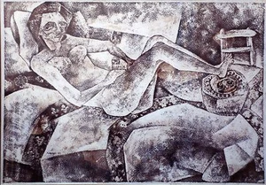 "NACKTE FRAU LIEGEND" Original gerahmte Gravur von Matheos FLORAKIS 1966 - Bild 1 von 2