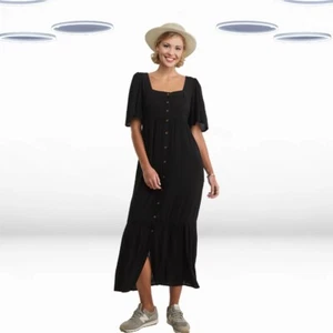 Ex Simply Be Women's Plus Size Crinkle Button Through Maxi Dress in Black - Picture 1 of 5