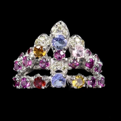 925 Anello Argento Sterling Rotondo Tanzanite Granato Zaffiro Tormalina Taglia 8 - Immagine 1 di 4