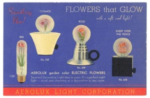FLOWERS THAT GLOW Aerolux Light Corp. NYC - RARE ca1940s LINEN AD Postcard - Bild 1 von 2