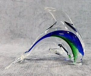 Figura de delfín soplado a mano azul, verde y transparente de vidrio artístico de colección u-10B - Imagen 1 de 6