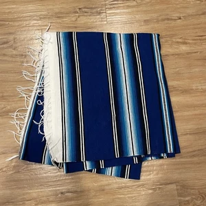 Vintage Mexikanische Serape Decke Überwurf Blau Schwarz & Weiß Gestreift 80x47 - Bild 1 von 8