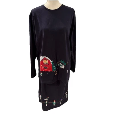 Quacker Factory 2-piece Skirt Set Embroidered Winter Christmas Farm Snowman L - Image 1 of 4