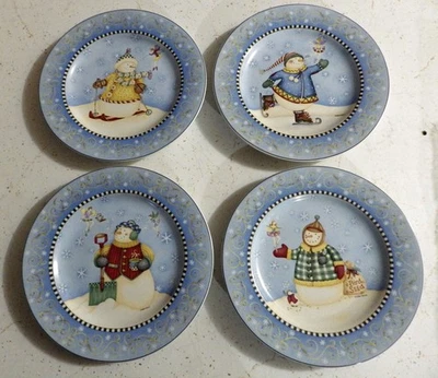 Oneida Snow Fairies - Juego/lote de 4 platos de ensalada temáticos muñeco de nieve - 2009 - Usado en excelente estado Foto 1 de 4