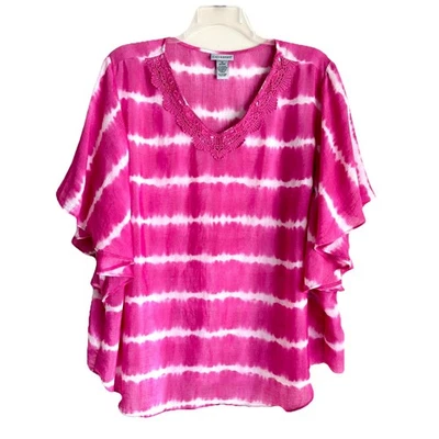 Catherines Sz 3X Tie-Dye Blouse Top With Lace Trim Bat Wing Sleeves Pink - Image 1 of 4