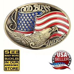 ‘God Bless America’ Bald Eagle Bronze Belt Buckle • Red White Blue American Flag - Picture 1 of 6
