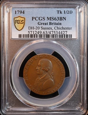 1794 Great Britain Sussex, Chichester Conder 1/2 Penny - PCGS MS63 BN - Top POP! - Image 1 of 4
