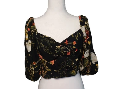 H&M Mujer Blusa Recortada Talla L Escote Corazón Mangas Globo Negro Floral Foto 1 de 4