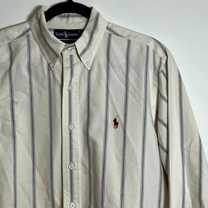 Ralph Lauren Hemd mit Knopfleiste 16 100% Baumwolle elfenbein mit blauen Streifen burgund Pony - Bild 1 von 6
