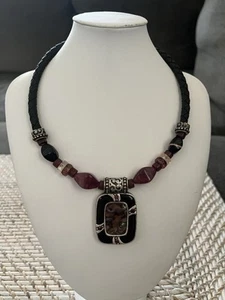 CHICO'S Black Leather Chocker Glass Purple Beaded, Large Silver Pendant Necklace - Picture 1 of 11