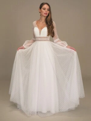 Gaia Sorrento Ivory Chiffon Lace Sleeves Boho Wedding Dress Gown Size 14 16 - Image 1 of 4