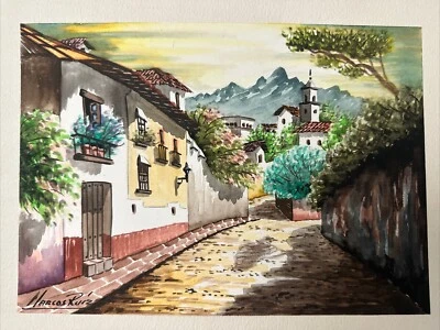 Signed Marco Ruiz Watercolor Folk Art Mexican Painting Frame Ready 7”x10” - Image 1 of 4