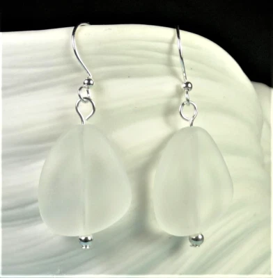 FROSTED CRYSTAL WHITE Cultured sea glass Handmade with silver drop earrings - Image 1 of 3