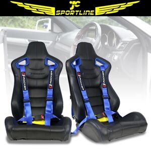Universal Recline Racing Seat Blue Bezel Dual Slider PU &Carbon & Buckle Belt x2