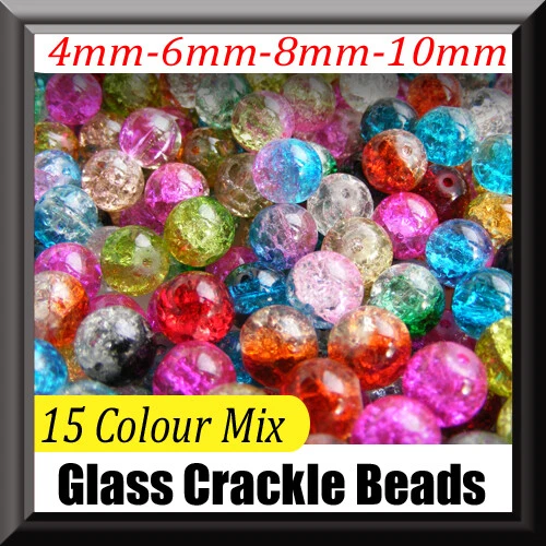 Glass Crackle Round Beads - 10mm - ASSORTED COLOURS - 50 Beads per pack - New! - Image 1 of 1