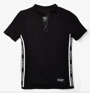 Justice Girl Ribbed Mock Neck Tee Shirt Top Zip Zipper Front Sport 8 16 18 Black - Picture 1 of 5