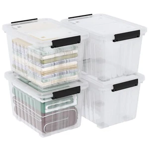 50 Qt Clear Plastic Stackable Storage Bin with White Latch Lid & Wheels, 4-PACKS - Picture 1 of 12
