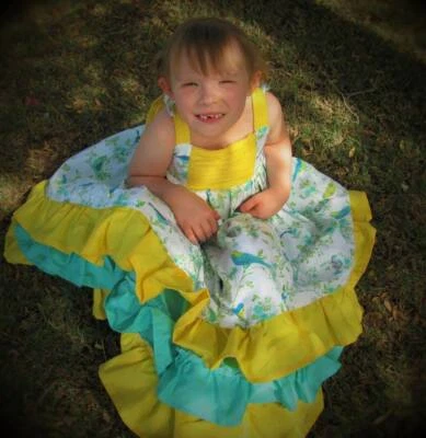 White Blue Floral Bird Ruffle Maxi Dress Size 6 handmade - Image 1 of 4