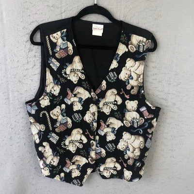 Bobbie Brooks 背心女式 XL 黑色圣诞泰迪熊挂毯纽扣前襟 — 第 1/4 张图片