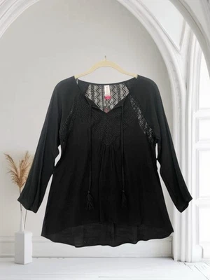 No Boundaries Black Lace Trim Tie Front Peasant Top Size Small Long Sleeve NWT - Image 1 of 4