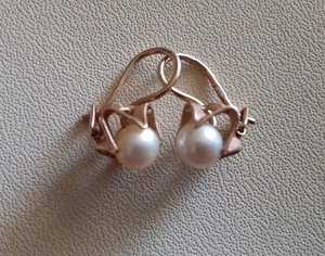 Vintage Original Soviet Rose Gold 583 14k Earrings with Cultured Pearl 3.33 g. - Picture 1 of 12
