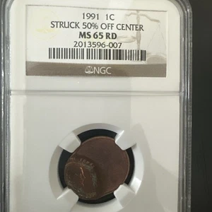 1991 NGC MS 65 RDLincoln Struck 50% Off Center Memorial Strike Penny Coin - Picture 1 of 2