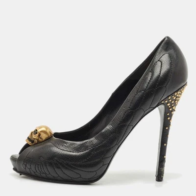 Alexander McQueen Black Leather Crystal Embellished Skull Detail Peep Toe - Image 1 of 4