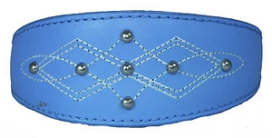 Light Blue Silver Stud Stitch Design Leather Whippet Collar Greyhound Dog Collar - Picture 1 of 6