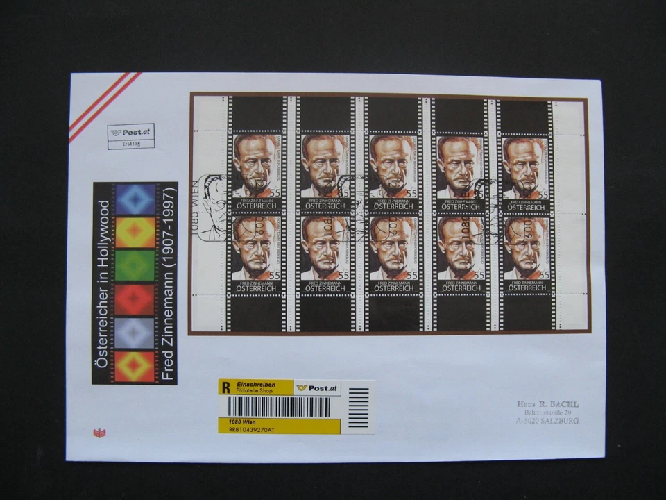 AUSTRIA, portada grande FDC 2009, mini hoja Fred Zimmermann Hollywood actor cine Foto 1 de 1