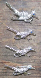 4 Roadrunner Scatter Pins Blue Rhinestone Eyes Silvertone Metal Vintage 1950s - Picture 1 of 3